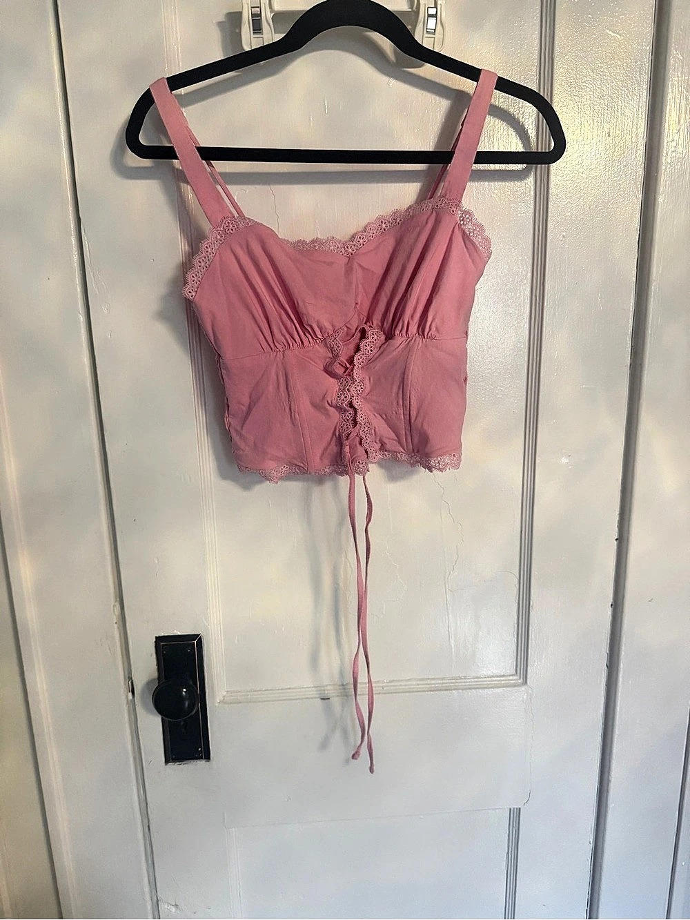Iris Lace Trim Ruched Crop Top in Pink Size Medium